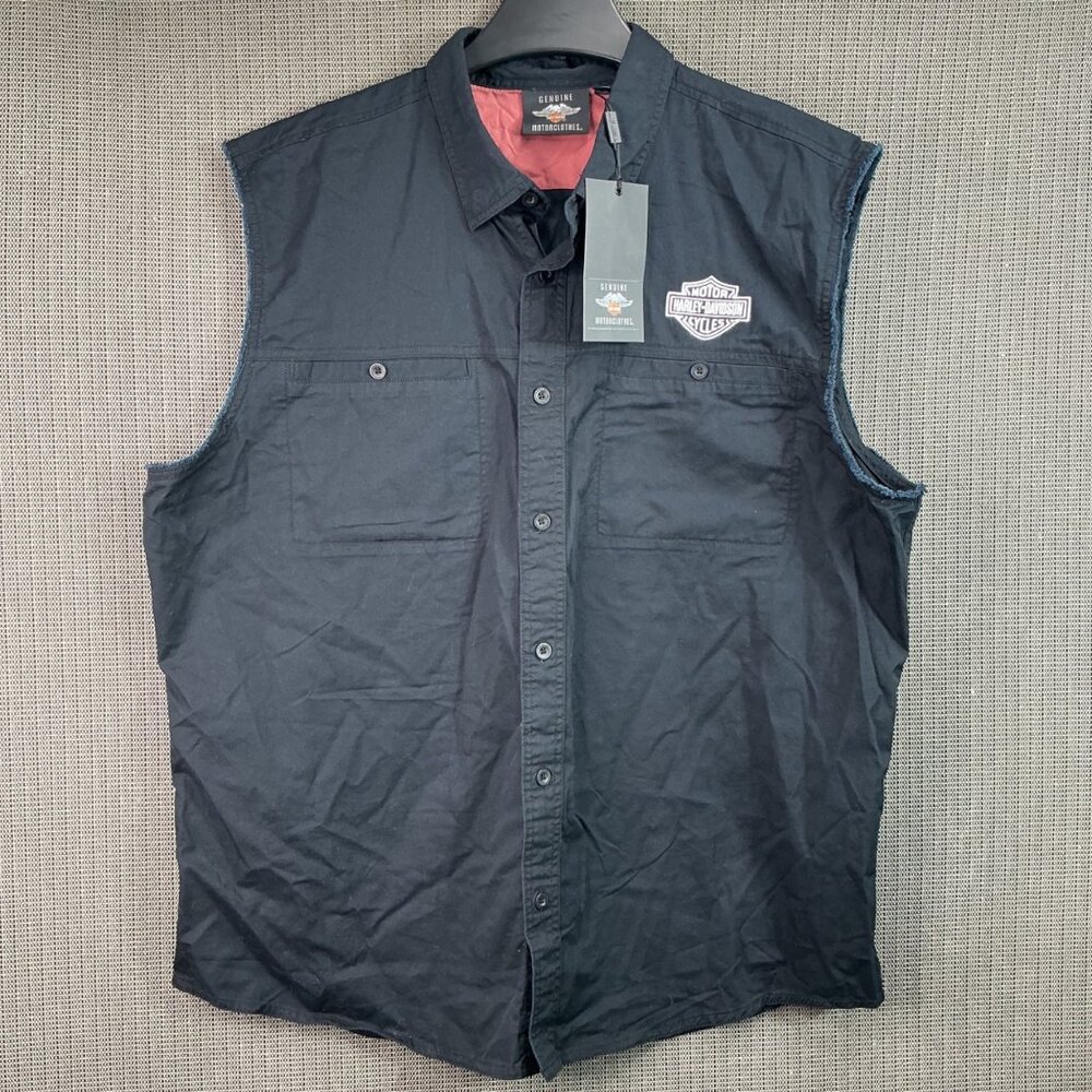 Harley-Davidson Mens 2XL Genuine MotorClothes Black Sleeveless Button-Up Shirt - Picture 2 of 8